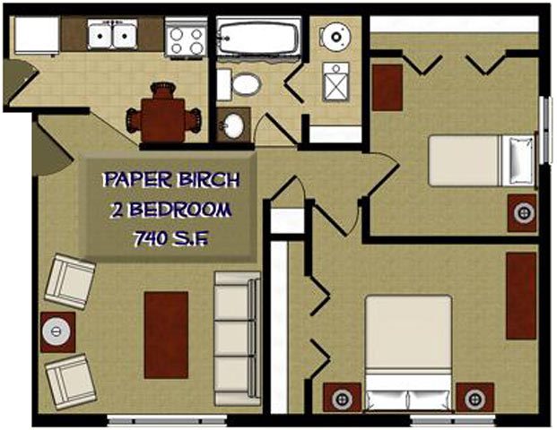 Paper Birch 2 Bedroom 1 Bathroom Floor Plan Paper Birch 2 Bedroom 1 Bathroom Floor Plan at The Birches Apartments, Joliet, IL