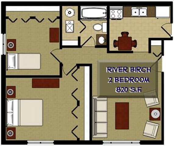 River Birch 2 Bedroom 1 Bathroom Floor Plan River Birch 2 Bedroom 1 Bathroom Floor Plan at The Birches Apartments, Joliet, 60435