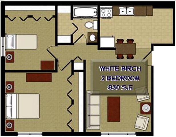 White Birch 2 Bedroom 1 Bathroom Floor Plan White Birch 2 Bedroom 1 Bathroom Floor Plan at The Birches Apartments, Joliet, Illinois