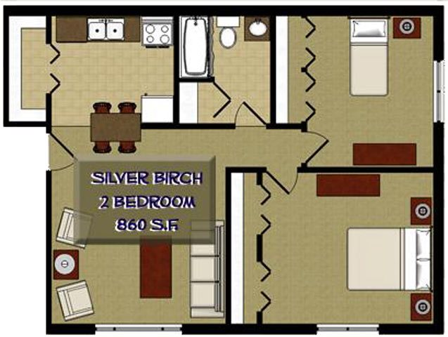 Silver Birch 2 Bedroom 1 Bathroom Floor Plan Silver Birch 2 Bedroom 1 Bathroom Floor Plan at The Birches Apartments, Joliet