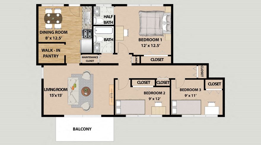Three Bedroom 1.5 Bathroom Floor Plan Three Bedroom 1.5 Bathroom Floor Plan at Lincolnshire West