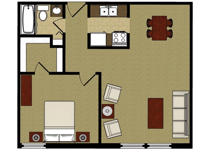 One Bedroom 1b Floor Plan 2