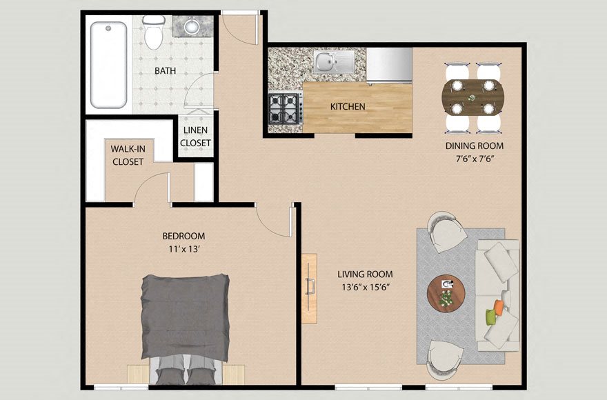 One Bedroom One Bathroom Plan 1A Floor Plan One Bedroom One Bathroom Plan 1A Floor Plan at Park Village