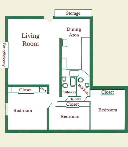 Three Bedroom Bedroom 3 Bed 1.5 Bath at Pheasant Run Apartments, Joliet, Illinois