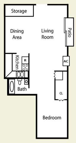 One Bedroom Floor Plan One Bed One Bath Floor Plan at Pheasant Run Apartments, Joliet, IL, 60433