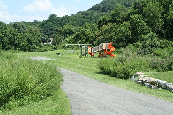a playground in a park next to a road