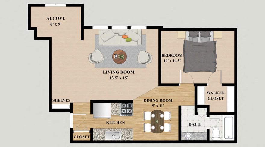 One Bedroom One Bathroom Alcove Floor Plan One Bedroom One Bathroom Alcove Floor Plan at Kensington Pointe
