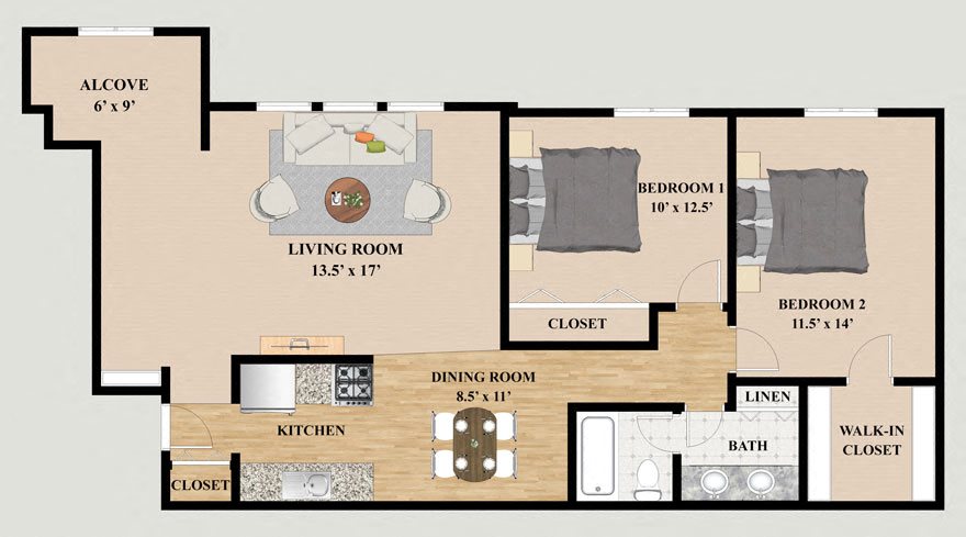 Two Bedroom One Bathroom Alcove Floor Plan Two Bedroom One Bathroom Alcove Floor Plan at Kensington Pointe