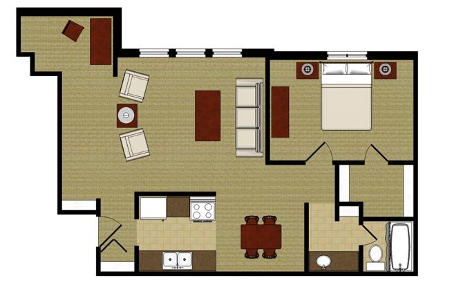 One Bedroom with Alcove Floor Plan One Bed One Bath Alcove Floor plan at Kensington Pointe, Madison, WI