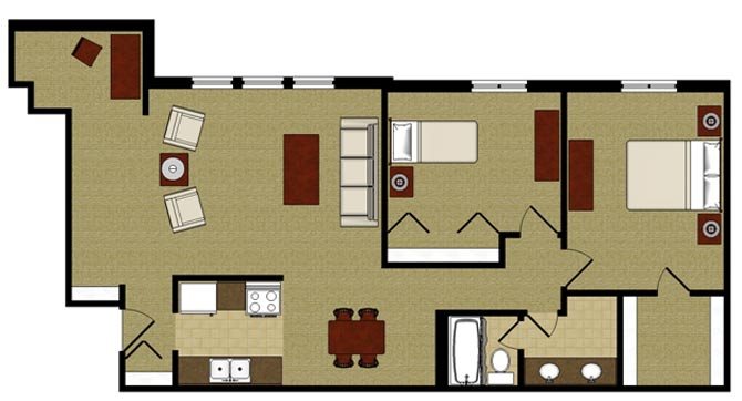 Two Bedroom with Alcove Floor Plan Two Bed Two Bath Floor Plan at Kensington Pointe, Madison, Wisconsin