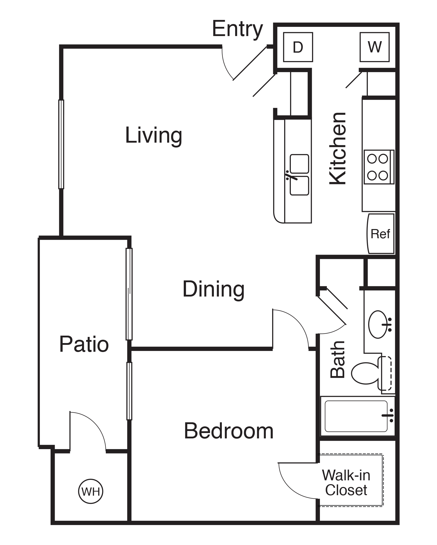 Canterbury one-bedroom apartment floor plan with entry near the kitchen, washer and dryer, open living and dining areas, private patio, bedroom, bathroom, large closet, and outdoor water heater clos