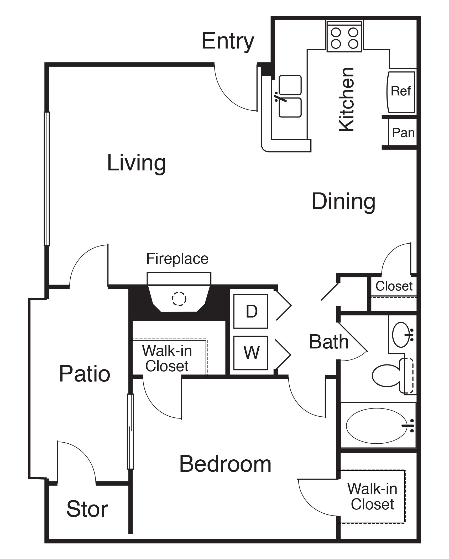 Chiswick one-bedroom apartment floor plan with entry, kitchen, dining area, living room with fireplace, private patio with storage, bedroom, bathroom, in-unit laundry, and large closets.