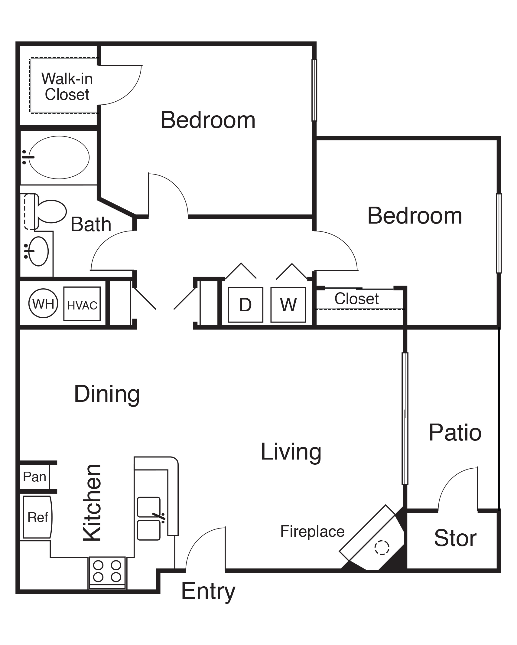 Hampstead two-bedroom apartment floor plan with entry, kitchen, dining area, living room with fireplace, patio with storage, bathroom, in-unit laundry, and large closets.