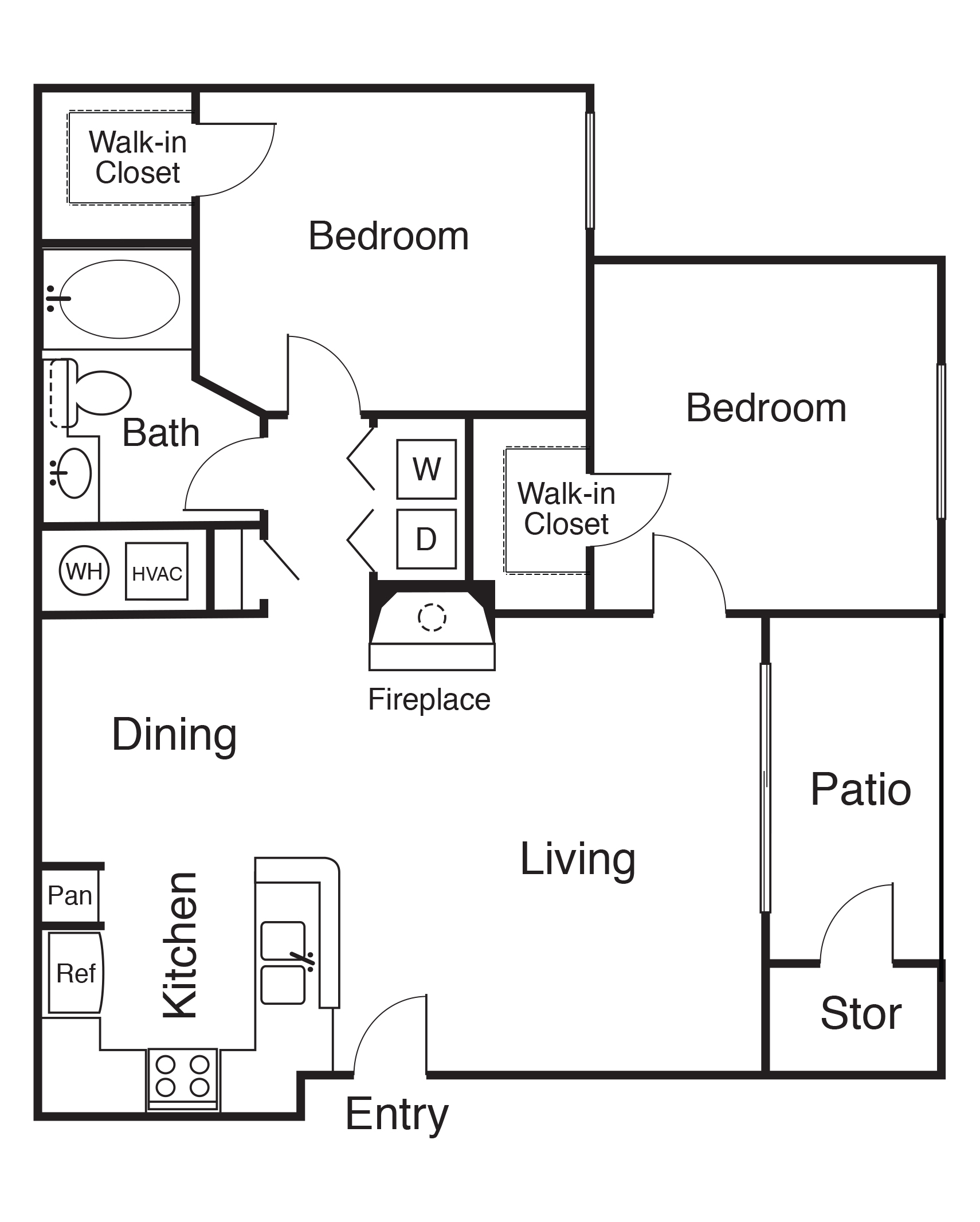 Greenwich two-bedroom apartment floor plan with entry, kitchen, dining area, living room with fireplace, patio with storage, bathroom, in-unit laundry, and large closets.