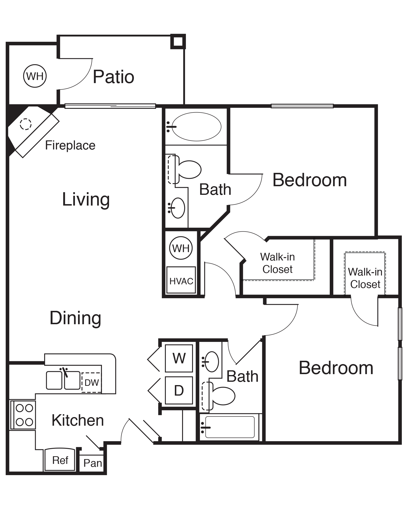 Hyde two-bedroom apartment floor plan with entry, kitchen, dining and living areas, fireplace, patio, two bathrooms, in-unit laundry, and large closets.