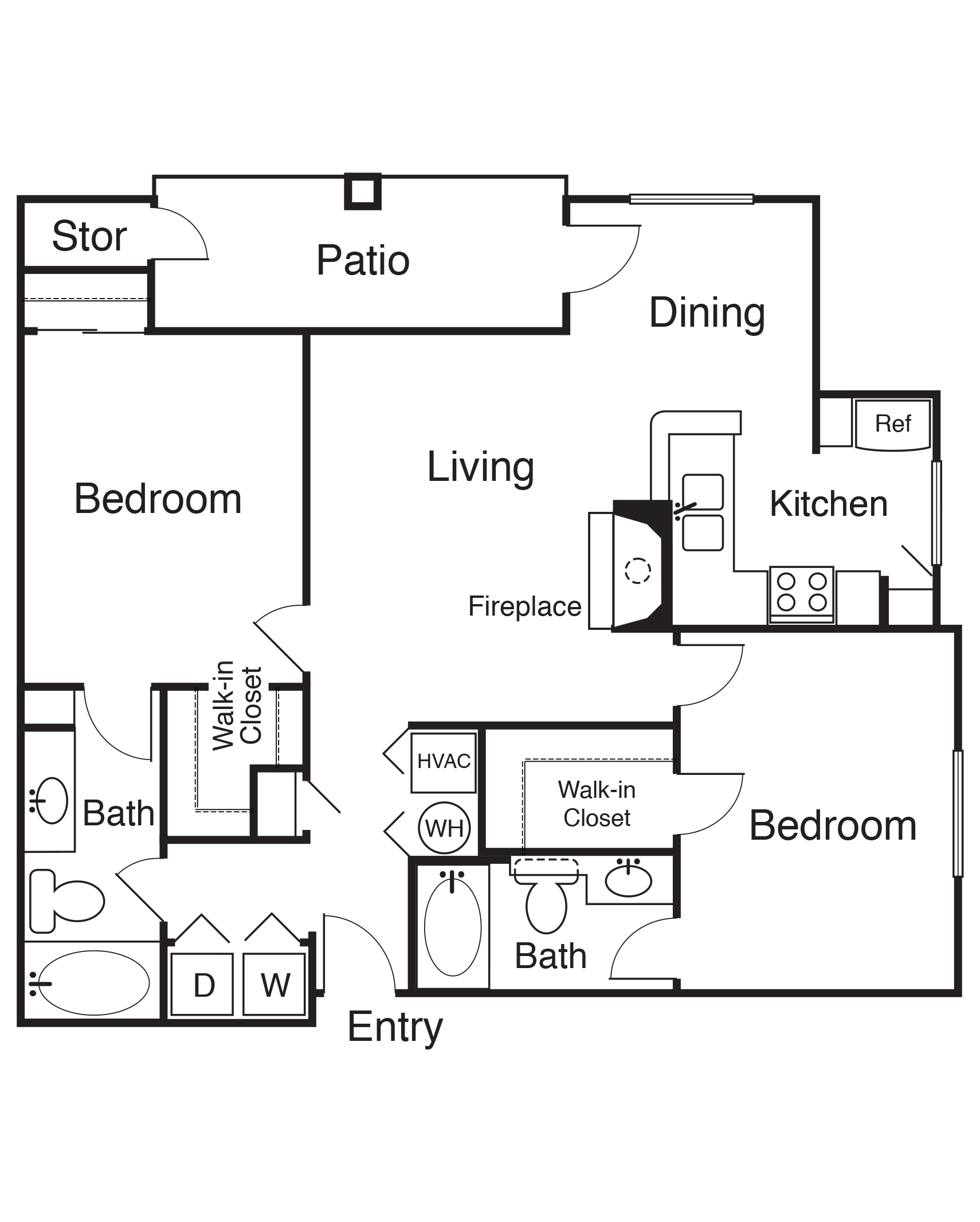 Kensington two-bedroom apartment floor plan with entry, kitchen, dining and living areas, fireplace, patio with storage, two bathrooms, in-unit laundry, and large closets.