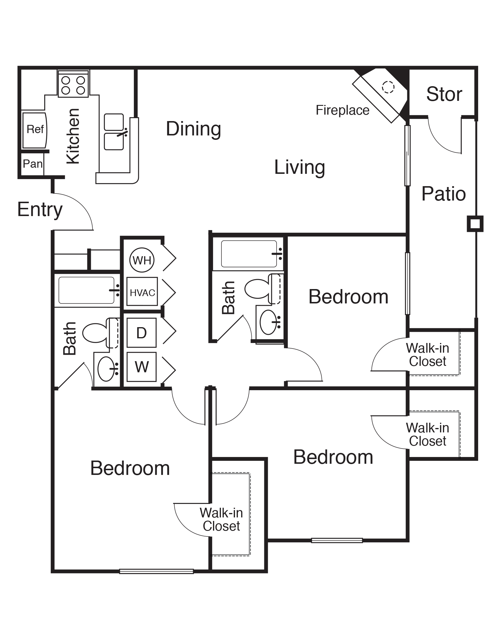 Richmond three-bedroom apartment floor plan with entry, kitchen, dining and living areas, fireplace, patio with storage, two bathrooms, in-unit laundry, and large closets.