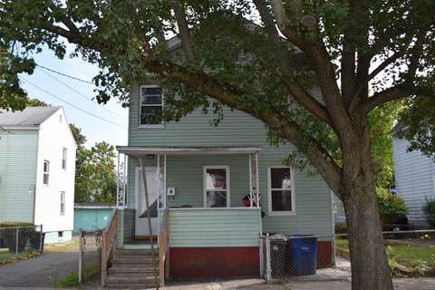 A green house with a tree in front.