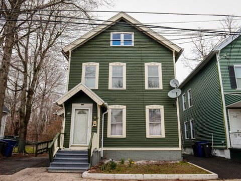A green house with a white door and windows.