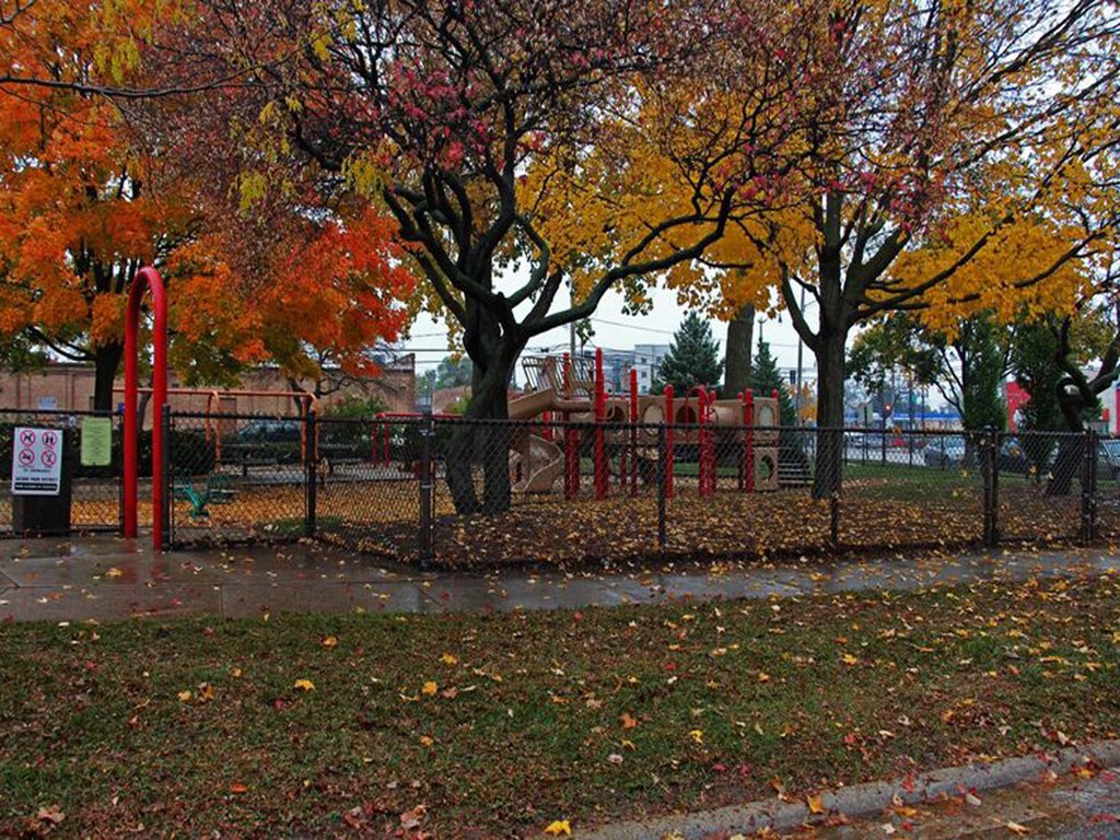 a playground in a park with leaves on the ground