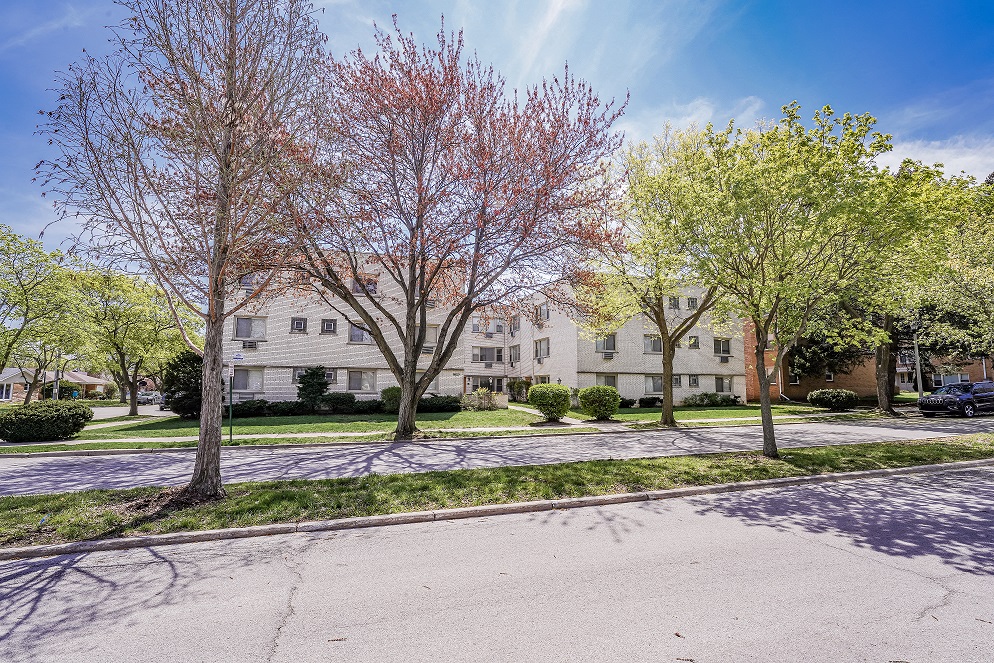 an empty street with trees in front of an apartment building