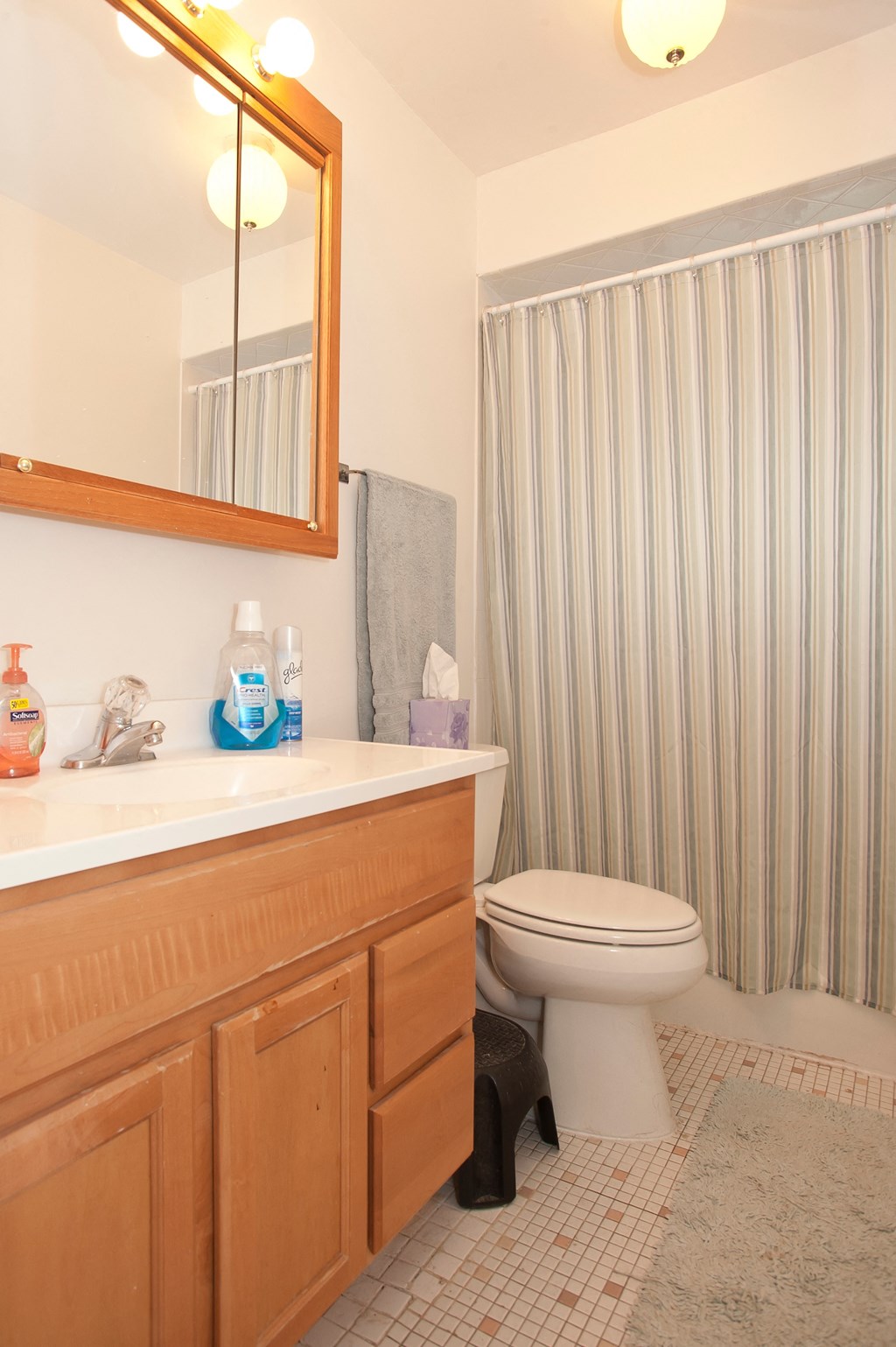 a bathroom with a shower curtain and a toilet