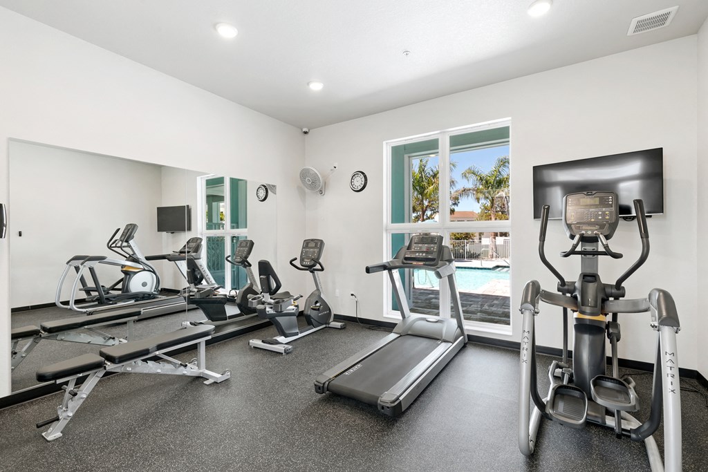 the gym has plenty of cardio equipment and a view of the pool