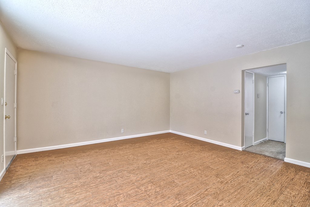 an empty living room with a door to a closet