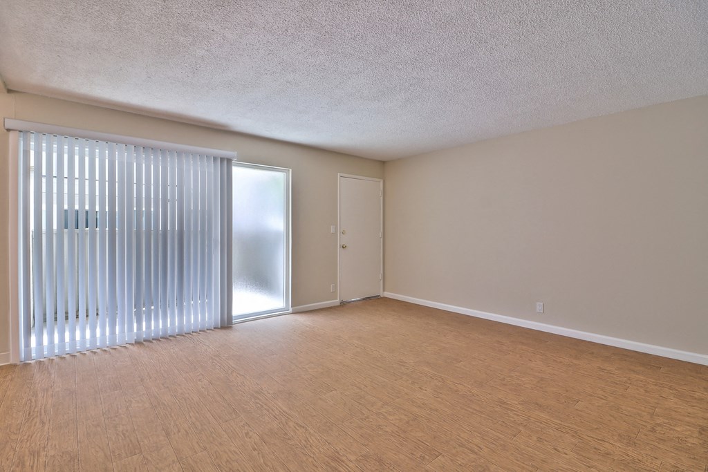 A room with wooden flooring and a sliding door with blinds.