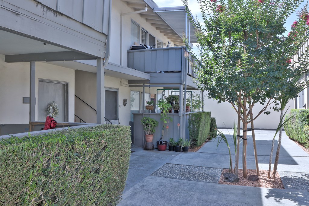 an apartment building with a sidewalk and trees in front of it