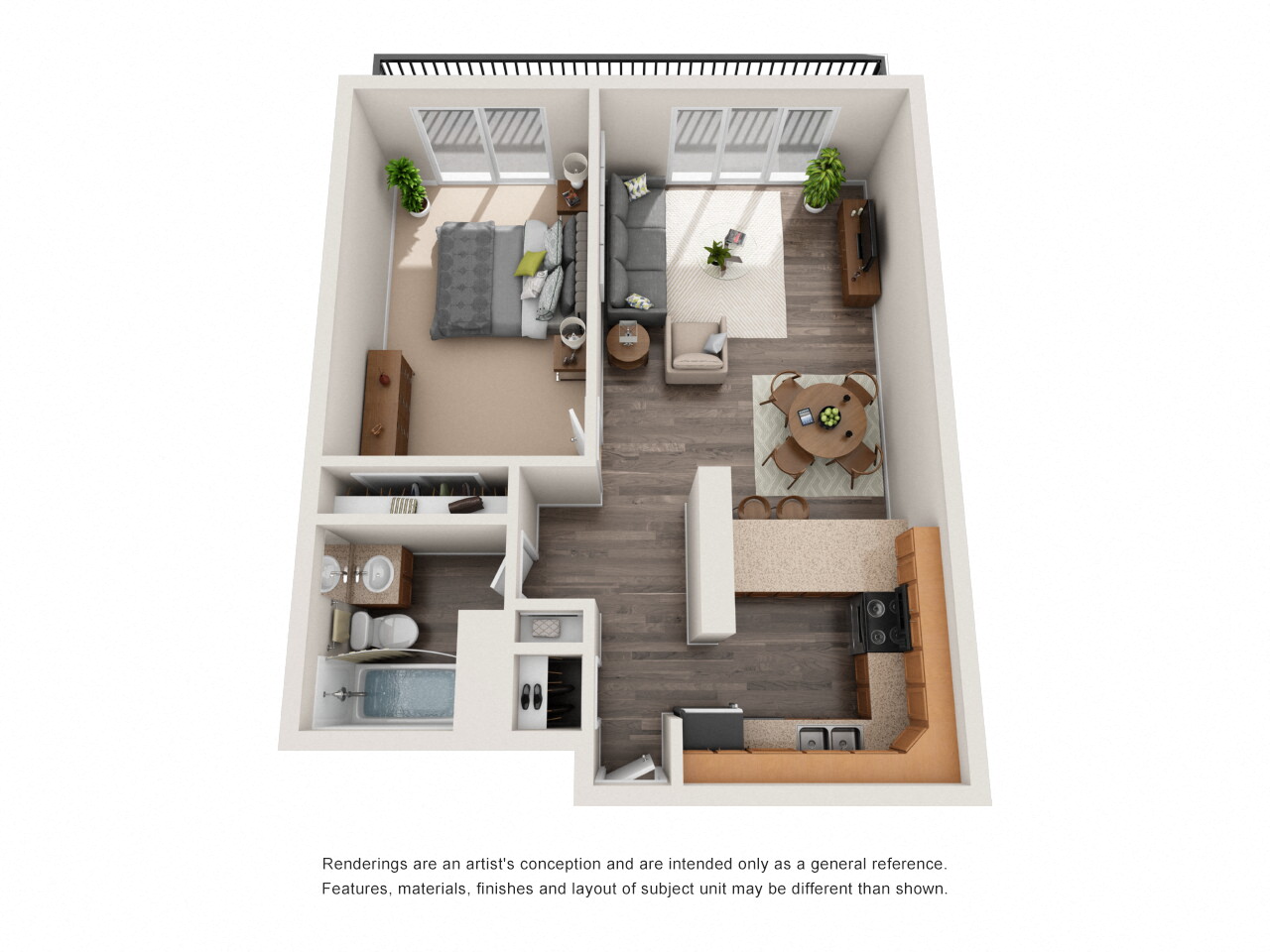 Our 1 bedroom, 1 bathroom large apartment floor plan at Scandia Apartments in Englewood, Colorado