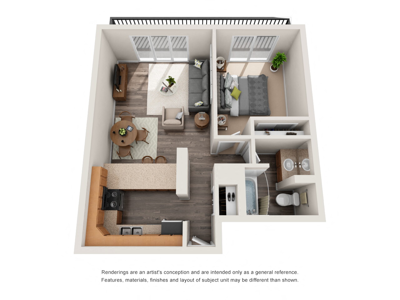 Our 1 bedroom, 1 bathroom small apartment floor plan at Scandia Apartments in Englewood, Colorado