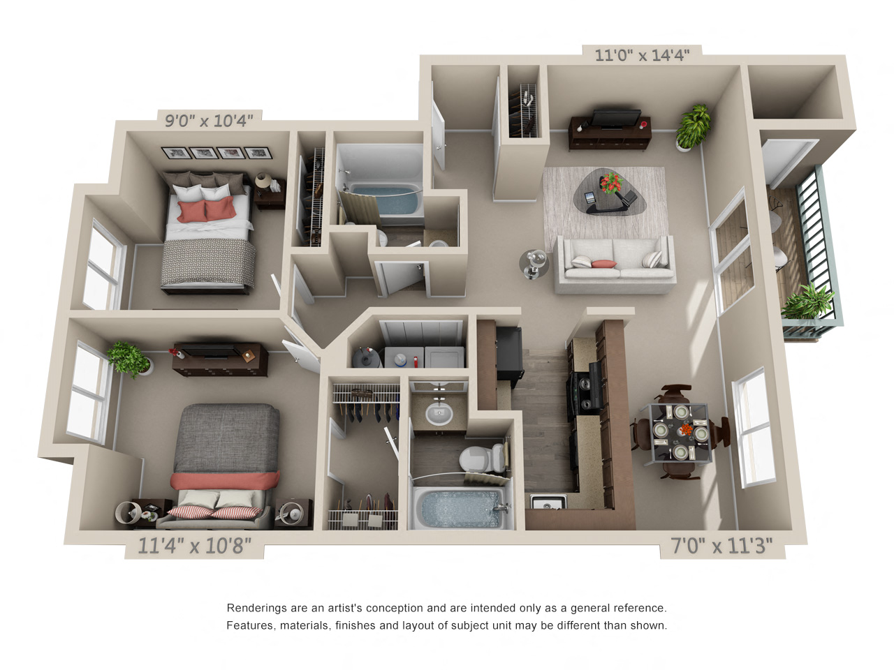 2 Bed 2 Bath Floor Plan at Oak Hill Apartments, Portland, Oregon