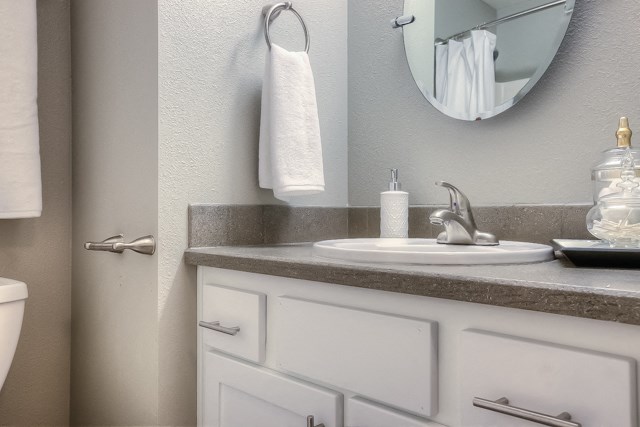 Renovated Bathrooms With Quartz Counters at Townfair Apartments, Gresham, Oregon