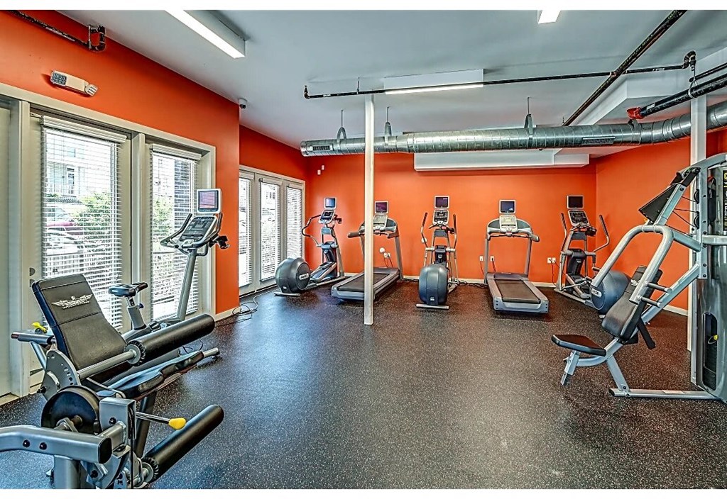 a gym with cardio machines and weights on the floor and windows