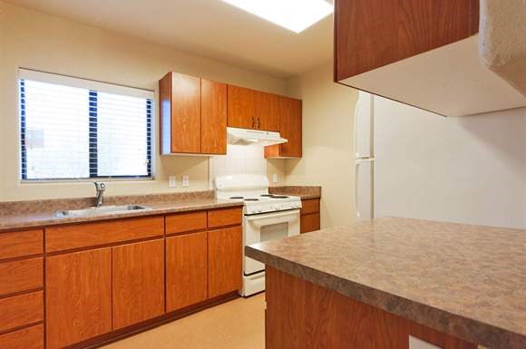 a kitchen with a stove and a sink