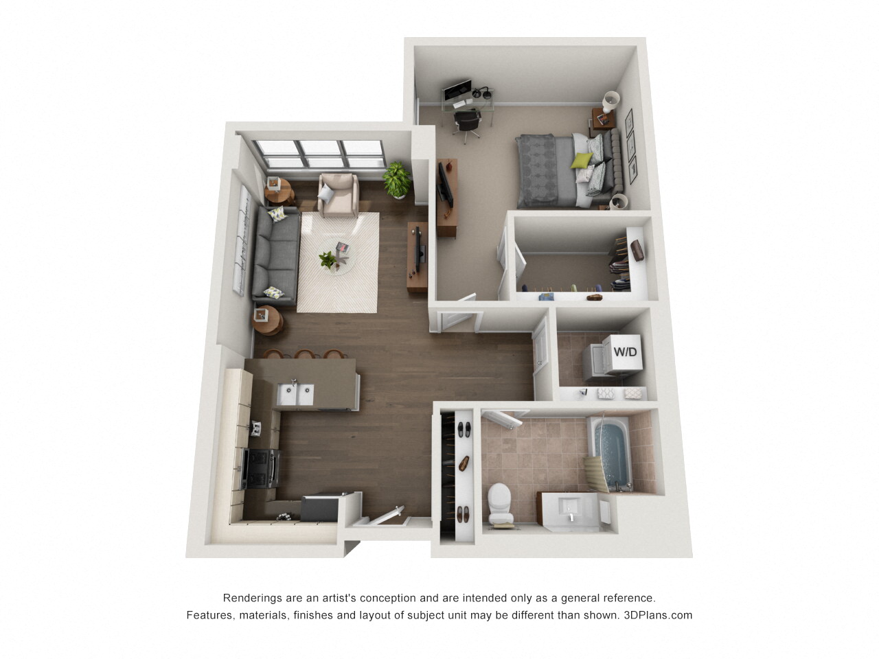 1 Bed 1 Bath Plan 1H Floor Plan 844 sq. ft. at The Madison at Racine, Illinois, 60607