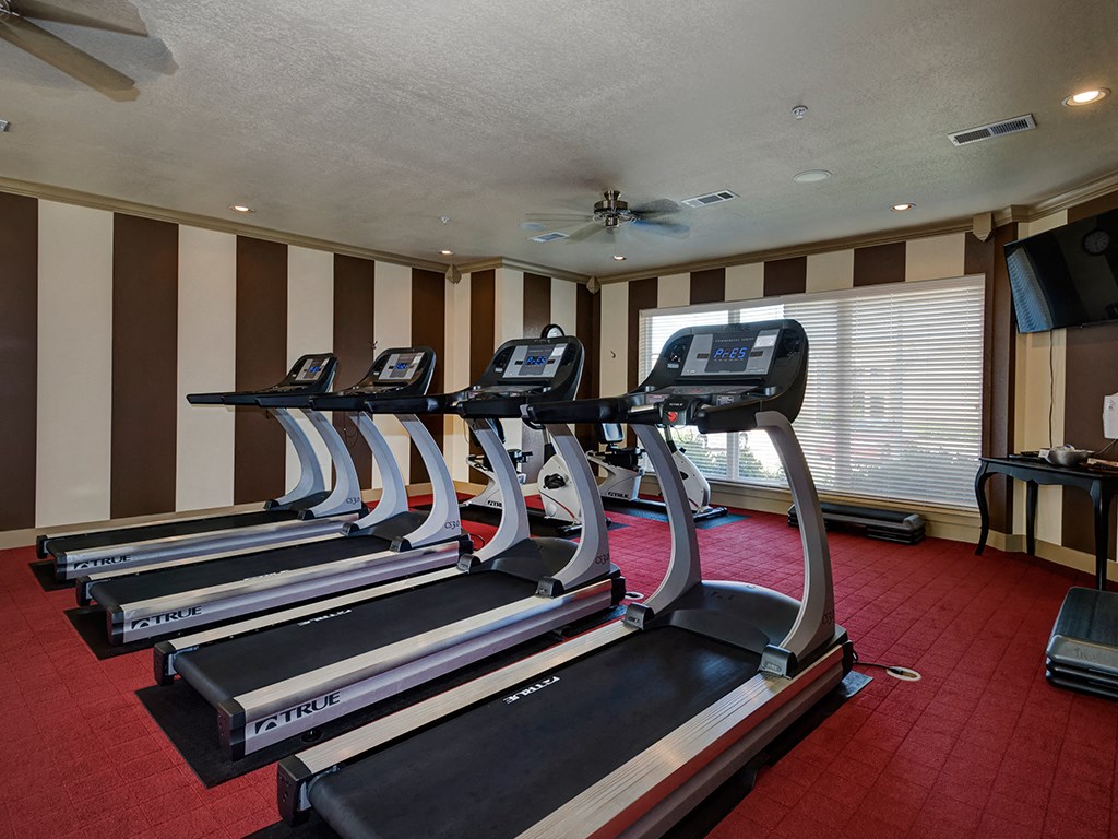 a gym with rows of treadmills and a ceiling fan