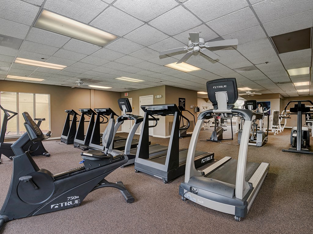 a gym with plenty of exercise equipment at the enclave at university heights