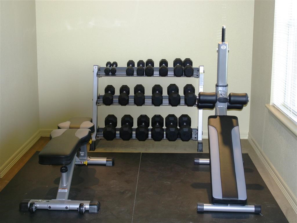 a gym with weights and a bench in a home gym