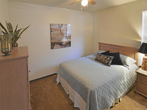 a bedroom with a bed and a ceiling fan