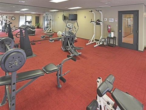 a gym with various exercise equipment in a room with red carpet