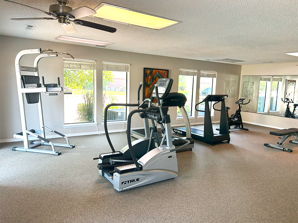 the fitness room has plenty of cardio equipment in the home gym
