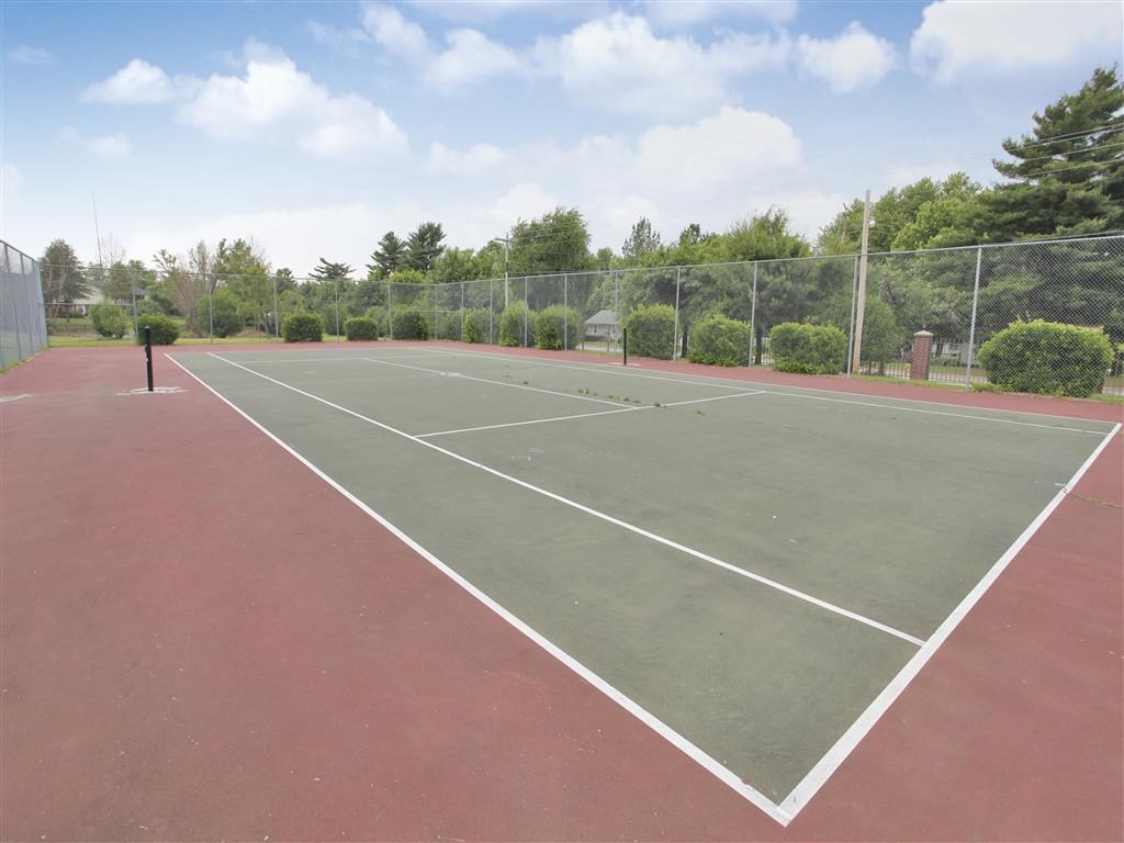 a tennis court with a fence and trees in the background