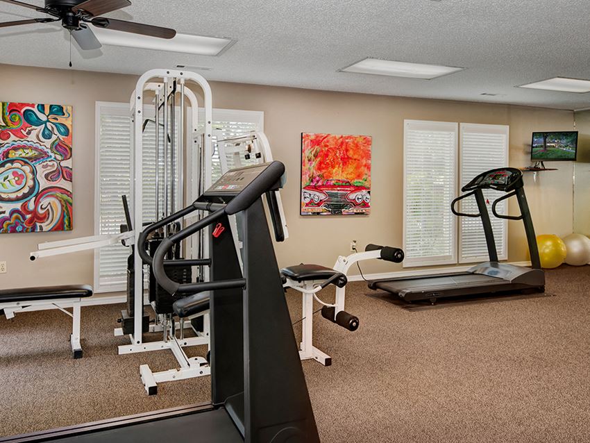 spacious gym with exercise equipment at the villas at falling waters in west omaha