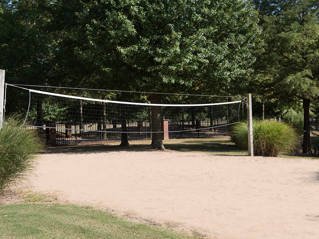 a volleyball court with a net in a park