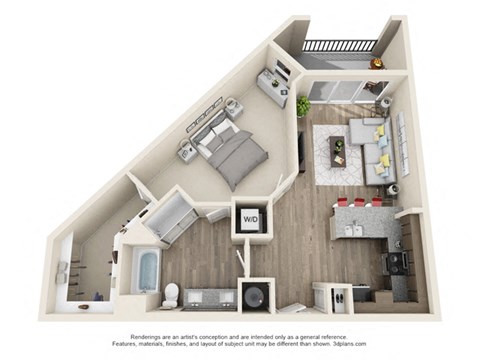 1 Bedroom 1 Bath A7 3D Floor Plan Layout at The Edison Lofts Apartments, Raleigh, North Carolina