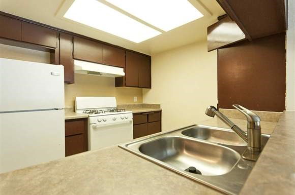 a kitchen with a sink and a stove and