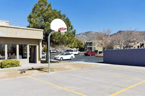 a basketball hoop in the middle of a parking lot