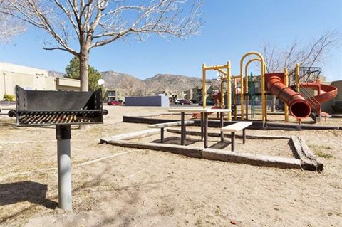 a park with a playground and a tree